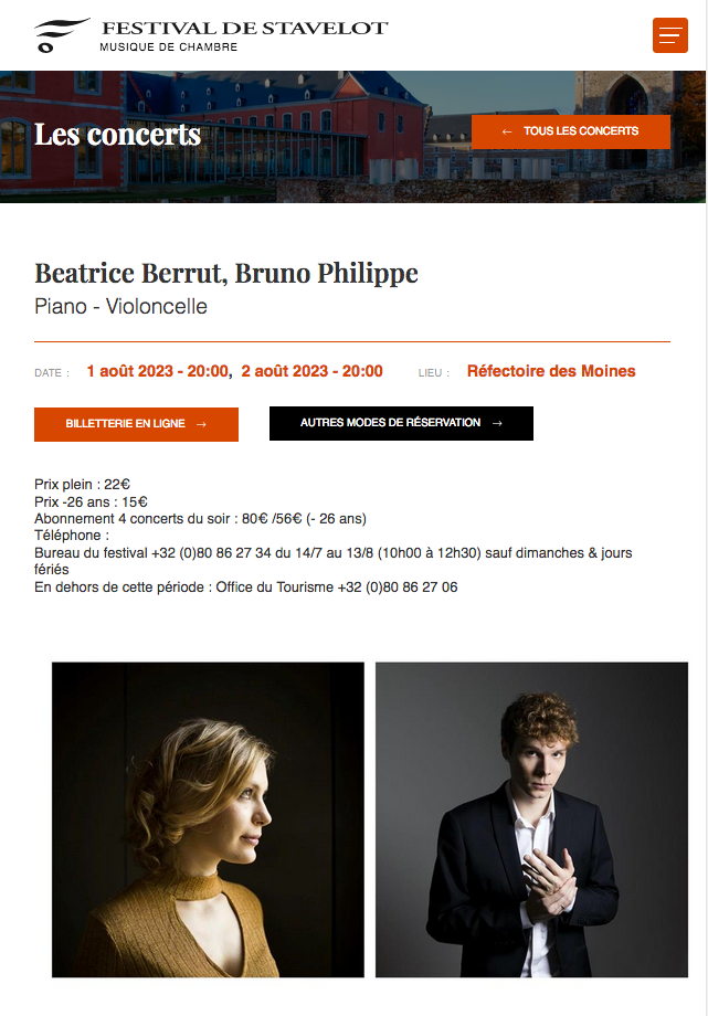 Page Internet. Festival de Stavelot. Hommage à Serge Rachmaninov. Beatrice Berrut, piano, Bruno Philippe, violoncelle. 2023-08-01